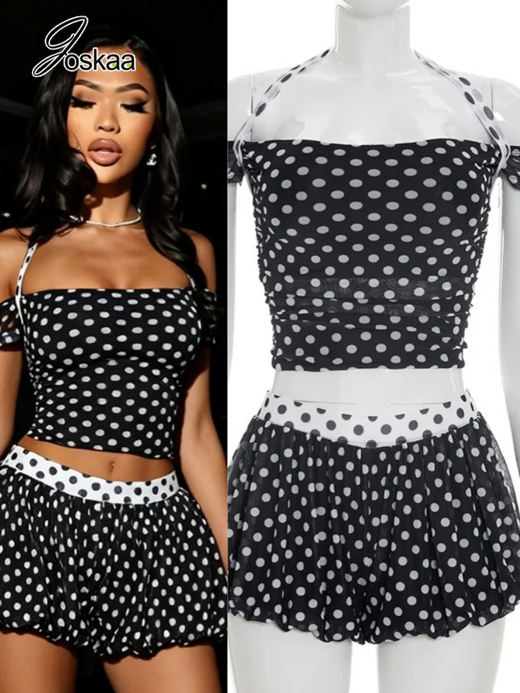 Women's Polka Dot Halter Short Sleeve Two Piece Set – Women's Fashion Wholesale – Front View