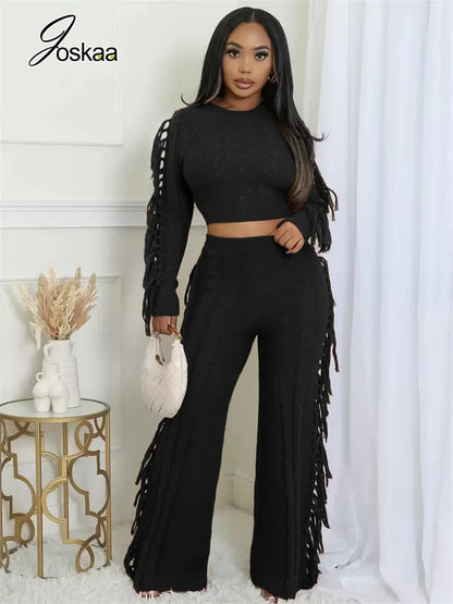 Women's Knit Long Sleeve Ribbed Two Piece Set Black – Front View