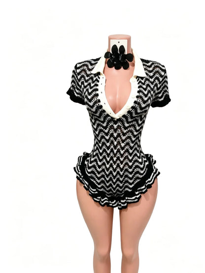 Women's Striped Ribbed Knit Bodycon Romper - Detail View 8