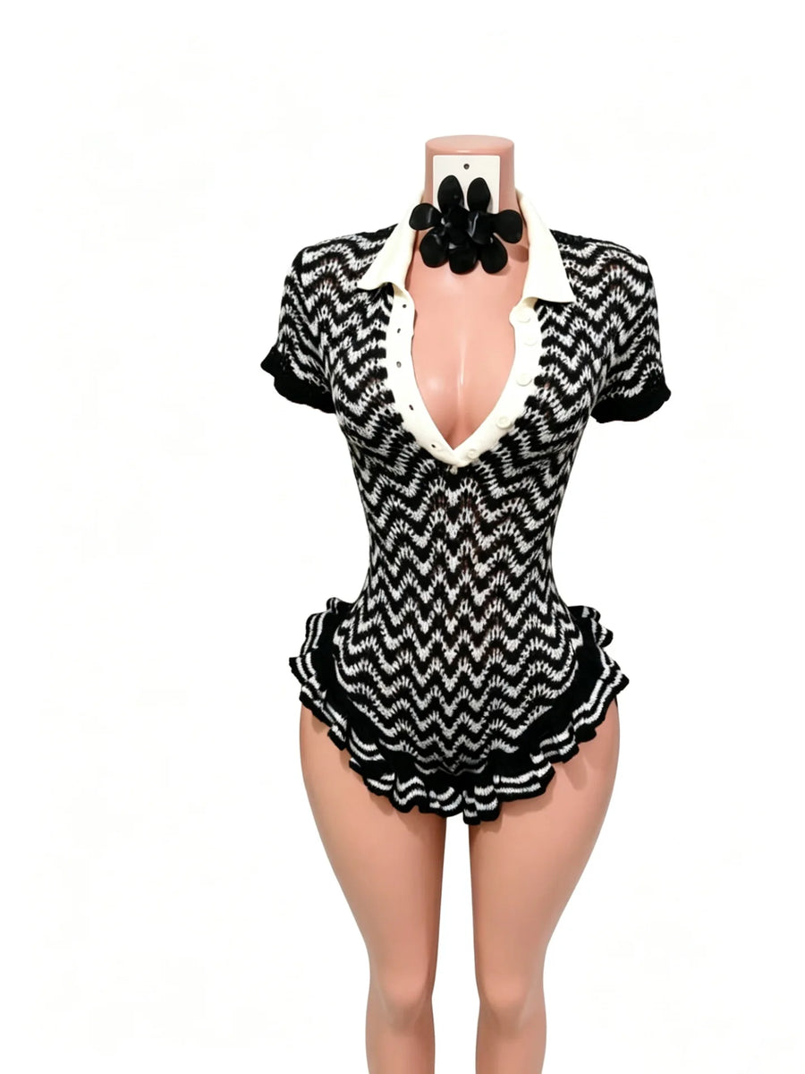 Women's Striped Ribbed Knit Bodycon Romper - Detail View 8