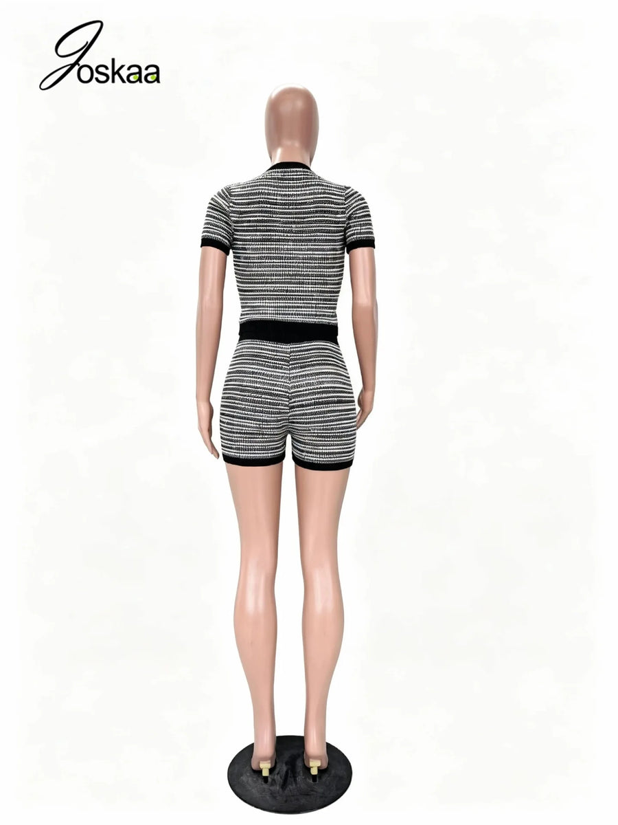 Women's Stripe Knit Short Sleeve Two Piece Set Blue – Detail View