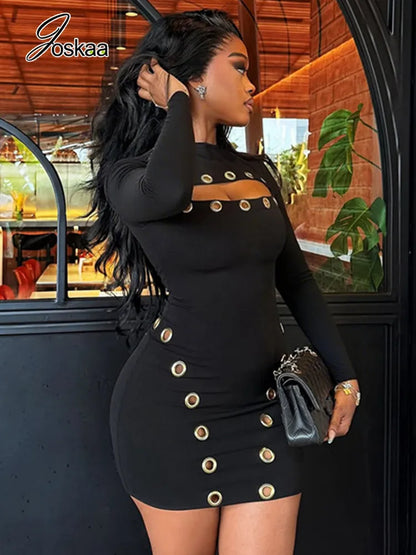 Women's Cutout Long Sleeve Bodycon Mini Dress Black – Front View