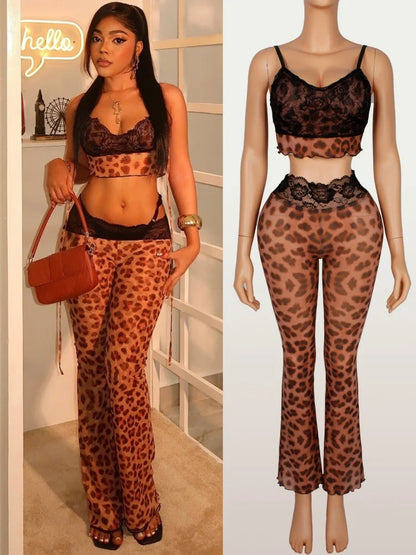 Women's Leopard Print Mesh Lace Sleeveless Two Piece Set - Additional View 8
