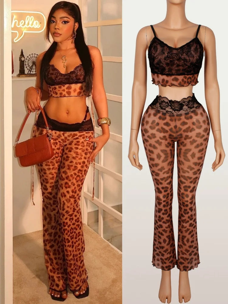 Women's Leopard Print Mesh Lace Sleeveless Two Piece Set - Additional View 8