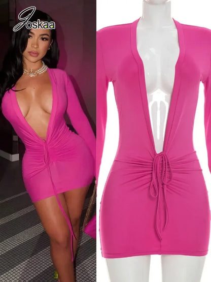 Women's Ruched V-neck Long Sleeve Bodycon Mini Dress - Women's Fashion Wholesale - Front View