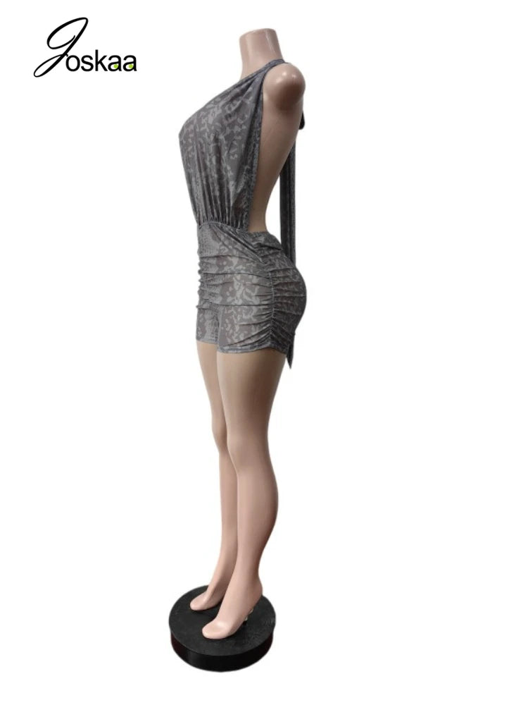 Women's Lace Mesh Backless Halter Romper Light Gray – Back View