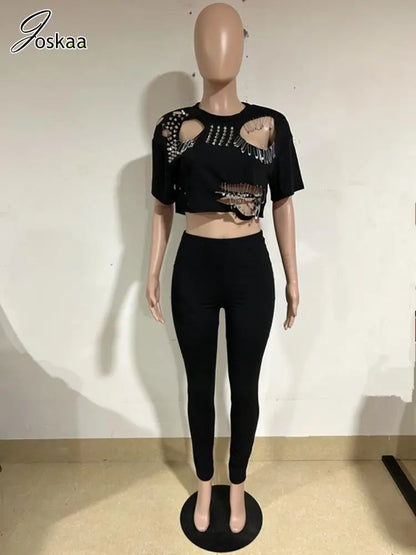 Women's Cutout Short Sleeve Crop Two Piece Set White – Detail View