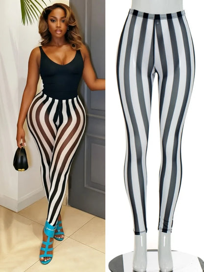 Women's Striped Mesh Bodycon Pants Vertical Stripe Leggings - Additional View 8