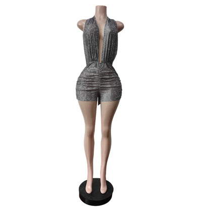 Women's Lace Mesh Backless Halter Romper