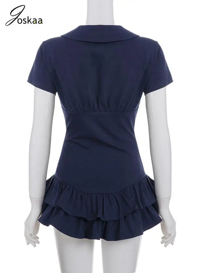 Women's Short Sleeve Fall Tiered Peter Mini Dress Blue – Detail View