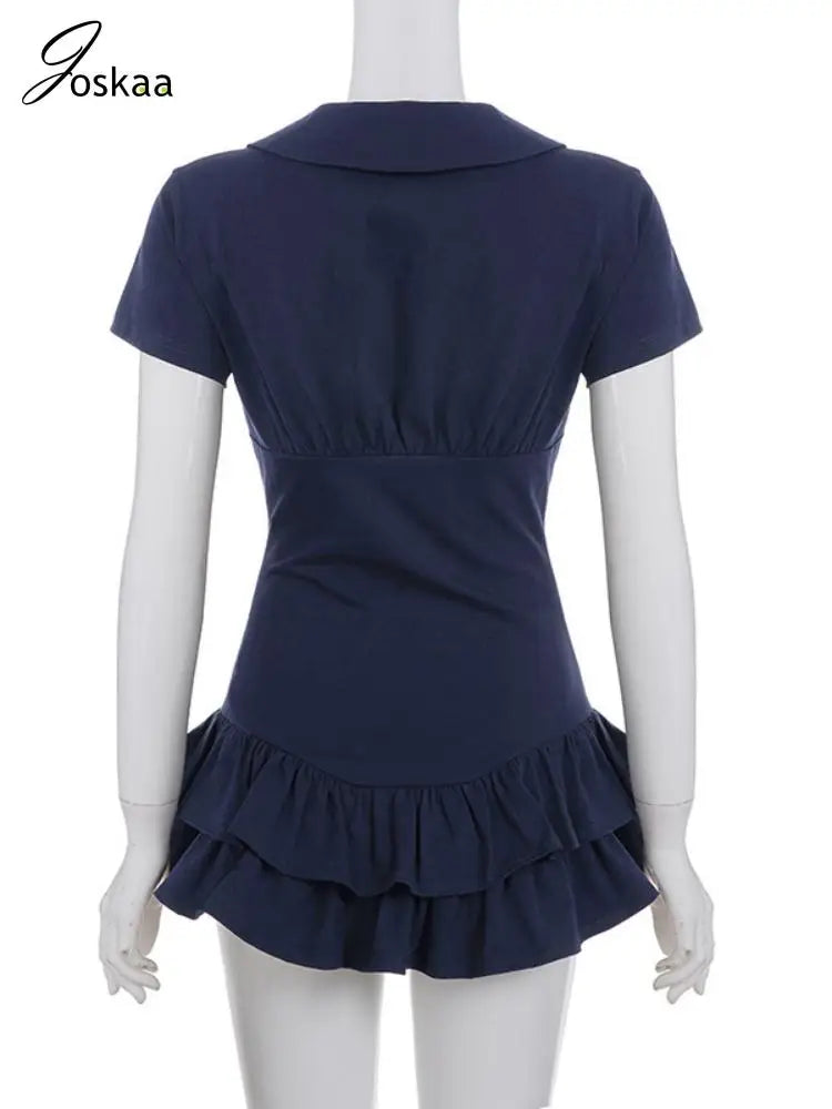 Women's Short Sleeve Fall Tiered Peter Mini Dress Blue – Detail View