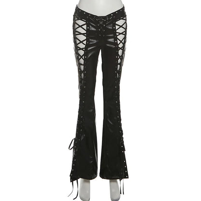 Women's Lace Faux Leather Cutout Wide Leg Pants