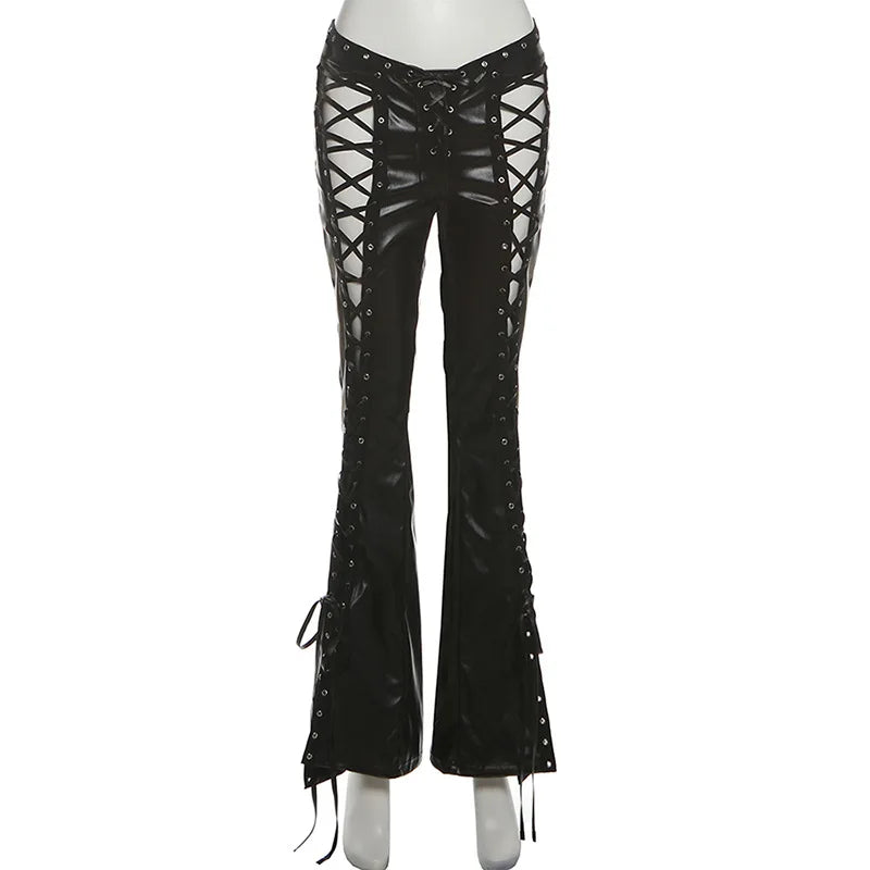 Women's Lace Faux Leather Cutout Wide Leg Pants