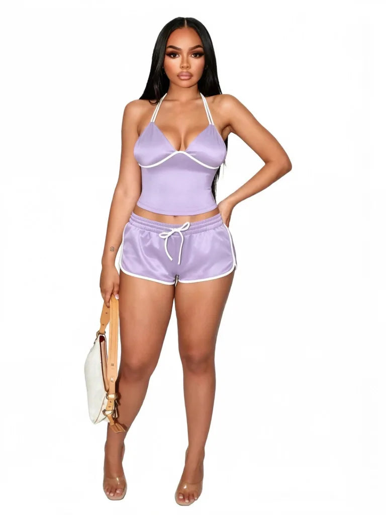 Women's Backless Halter Crop Two Piece Set