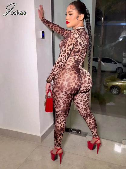 Women's Leopard Print Long Sleeve Bodycon Romper Leopard Playsuit – Front View