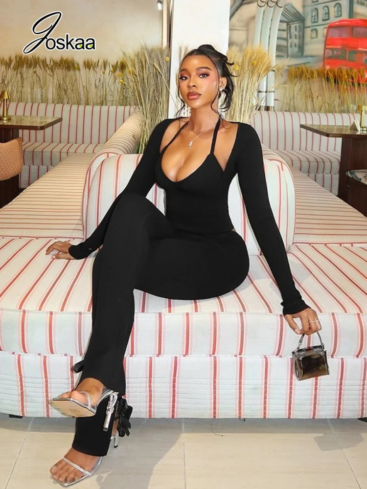 Women's Halter Strapless Long Sleeve Wide Leg Two Piece Set - Side View