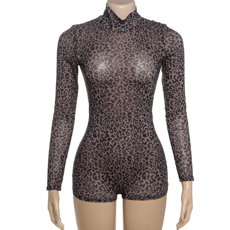 Women's Leopard Print Mesh Long Sleeve Romper