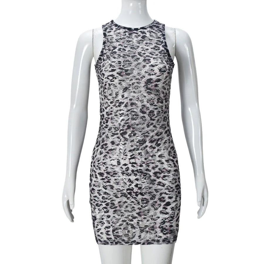 Women's Leopard Print Lace Sleeveless Mini Dress
