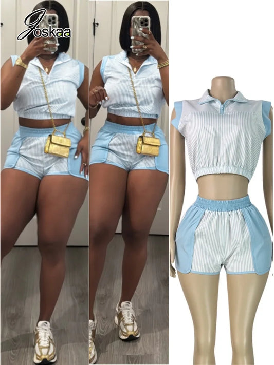 Women's Striped Zip Up Sleeveless Two Piece Set - Front View