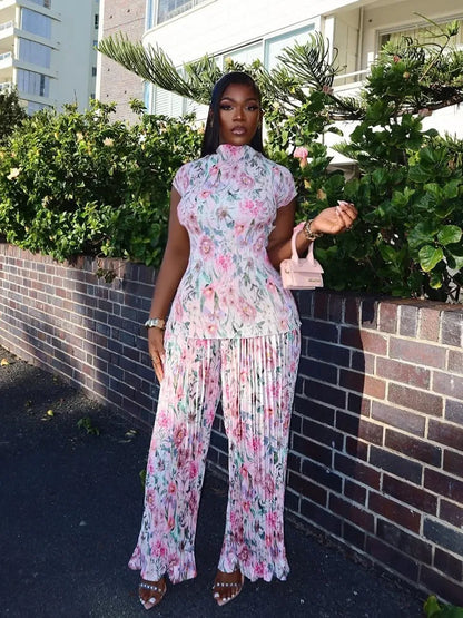 Women's Floral Print Short Sleeve Two Piece Set – Women's Fashion Wholesale – Front View