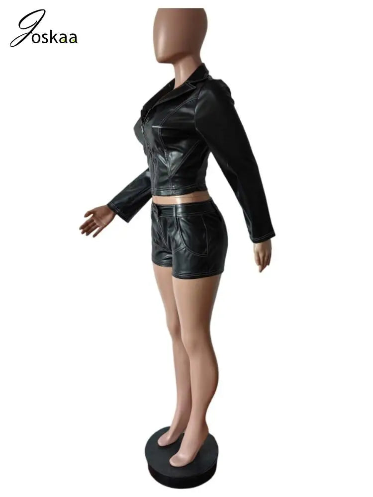 Women's Faux Leather Long Sleeve Crop Two Piece Set Black – Detail View