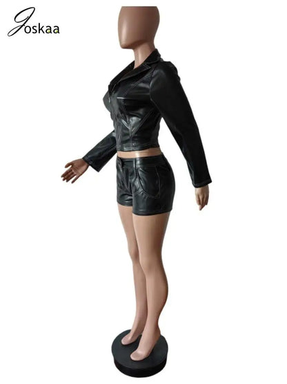 Women's Faux Leather Long Sleeve Crop Two Piece Set Black – Detail View
