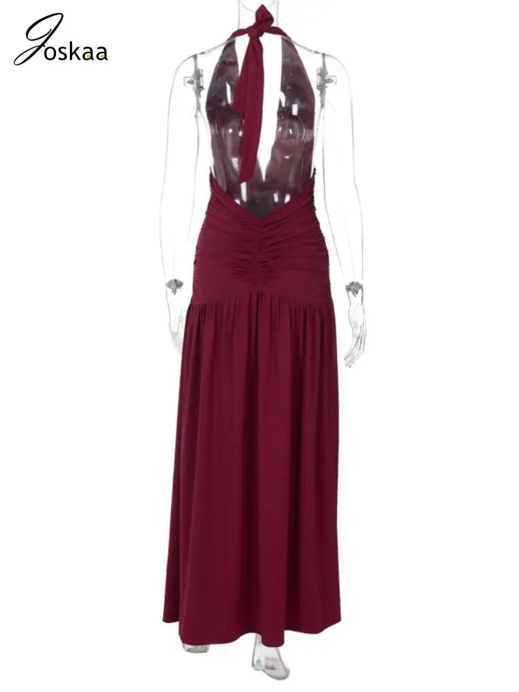 Women's Backless Halter Bodycon Maxi Dress Wine Red – Detail View