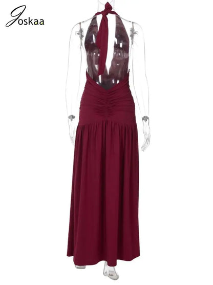 Women's Backless Halter Bodycon Maxi Dress Wine Red – Detail View