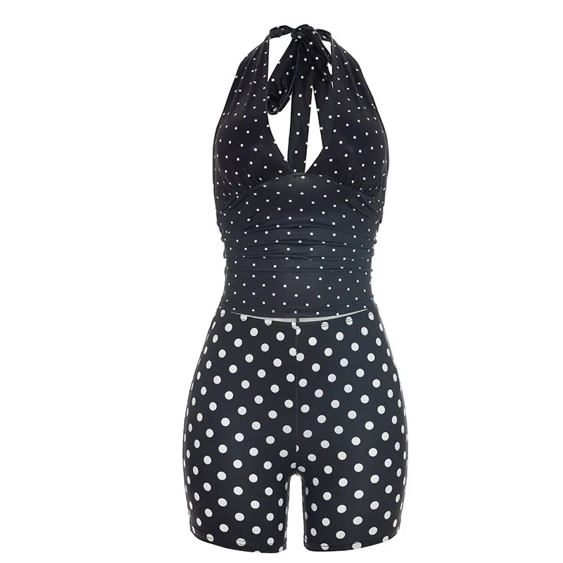 Women's Polka Dot Ruched V-neck Halter Two Piece Set - Additional View 7