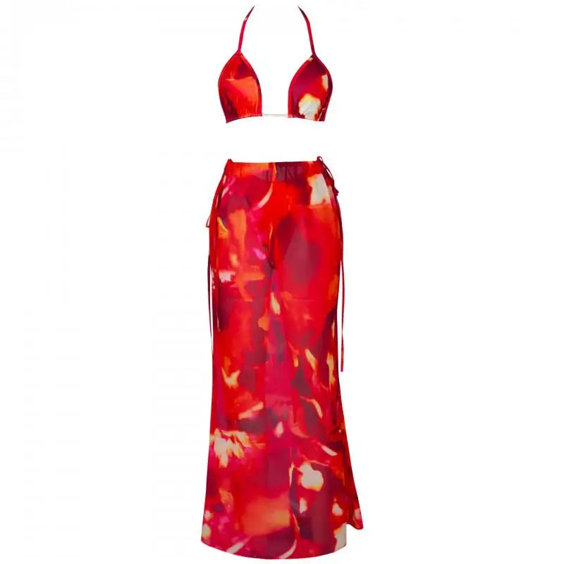 Women's Halter Maxi Two Piece Aesthetic Bikini Set Flower Color 3Pcs – Detail View