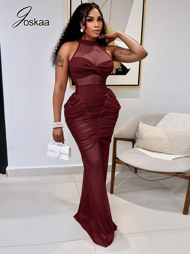 Wholesale Women's Mesh Ruched Bodycon Maxi Dress Wine Red – Front View