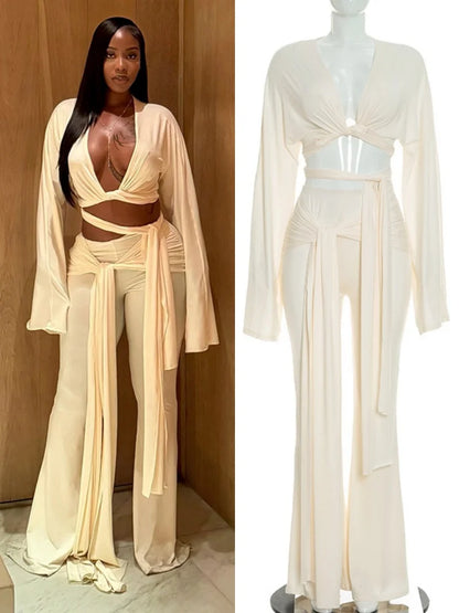 Women's Ruched V-neck Long Sleeve High Waist Two Piece Set - Additional View 7