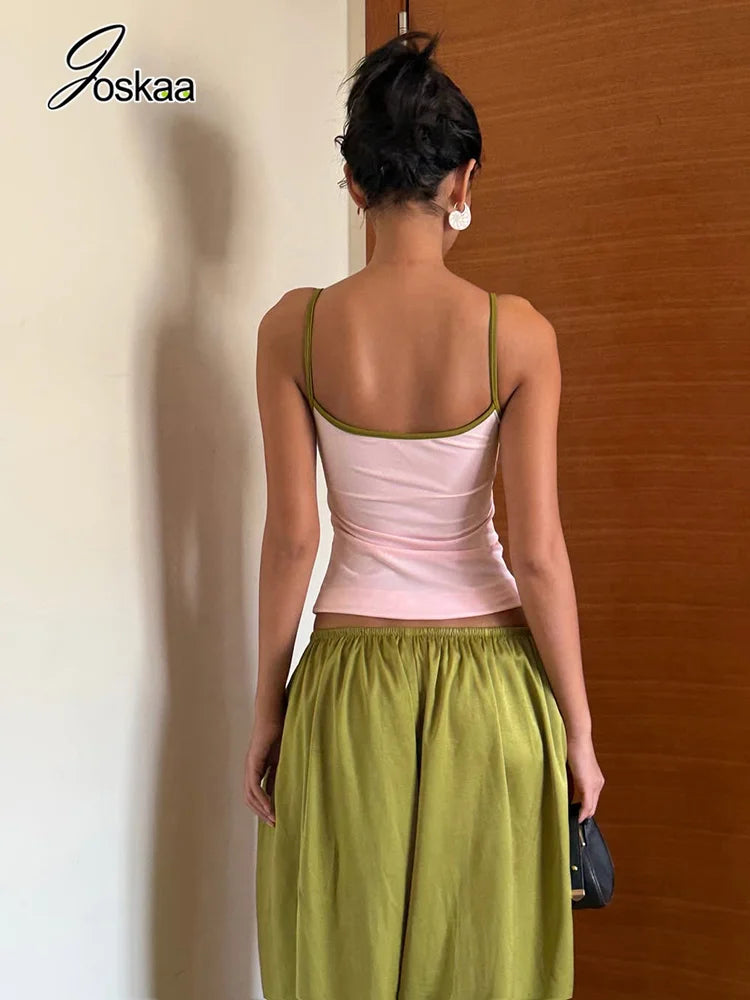 Women's Backless Crop Color Blocking Low-neck Two Piece Set Green – Side View