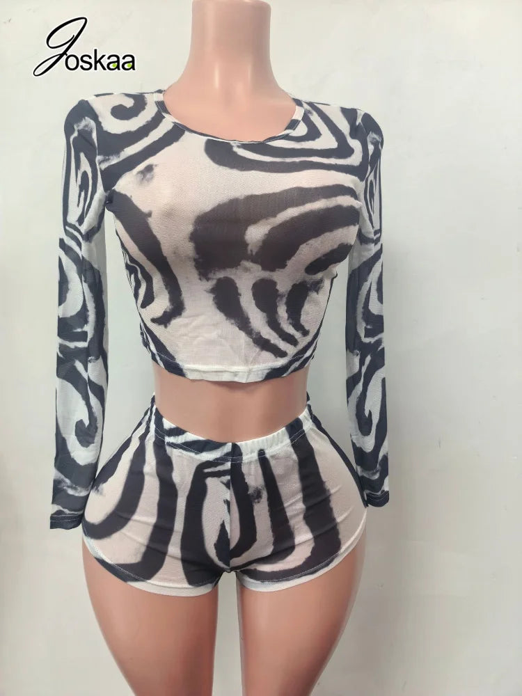 Women's Swirl Print Mesh Long Sleeve High Waist Two Piece Set 0141 - Back View