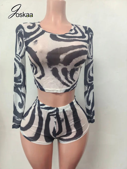 Women's Swirl Print Mesh Long Sleeve High Waist Two Piece Set 0141 - Back View