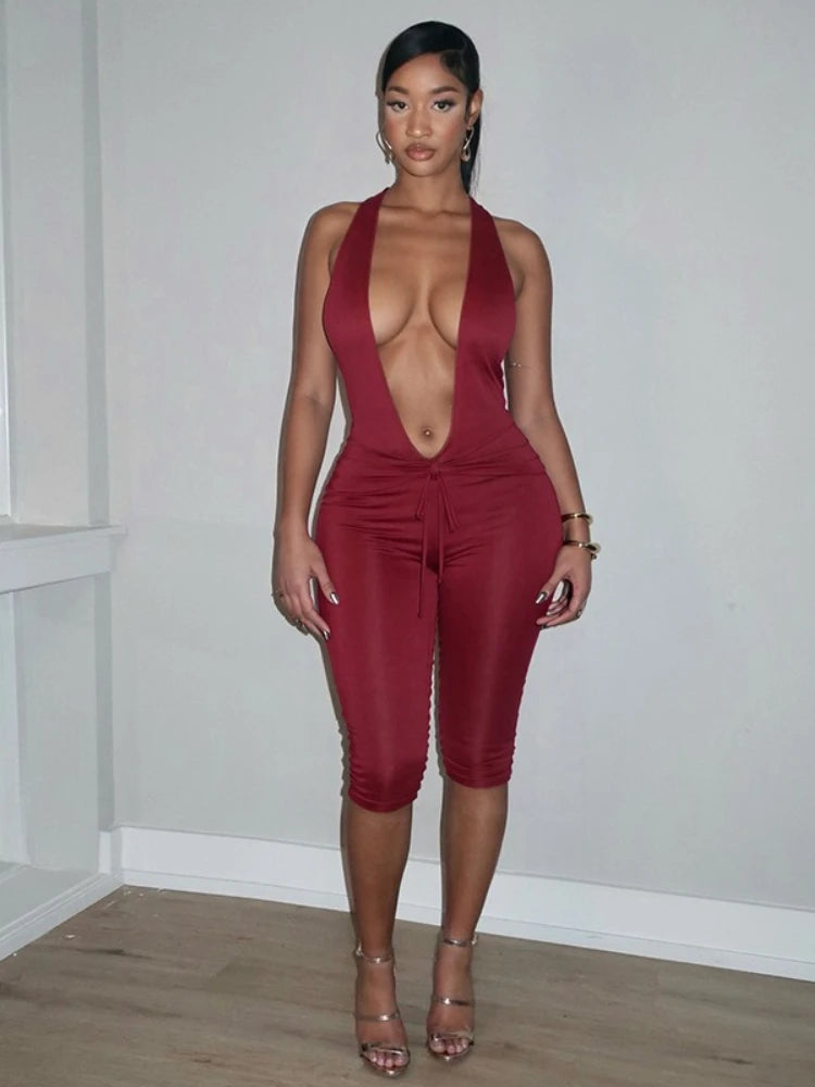 Women's Ruched Backless Halter Sleeveless Romper Brown – Side View