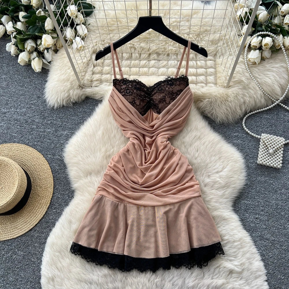 Women's Mesh Lace Ruched V-neck Mini Dress - Additional View 7
