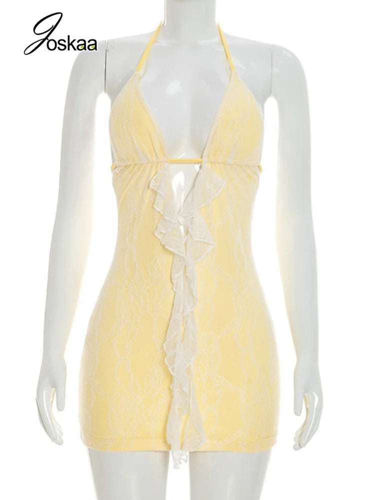 Women's Lace Cutout Halter Bodycon Mini Dress Yellow – Back View