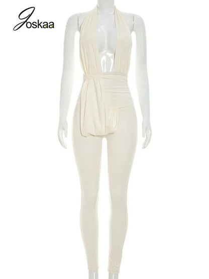 Women's Ruched Backless V-neck Halter Romper - Back View