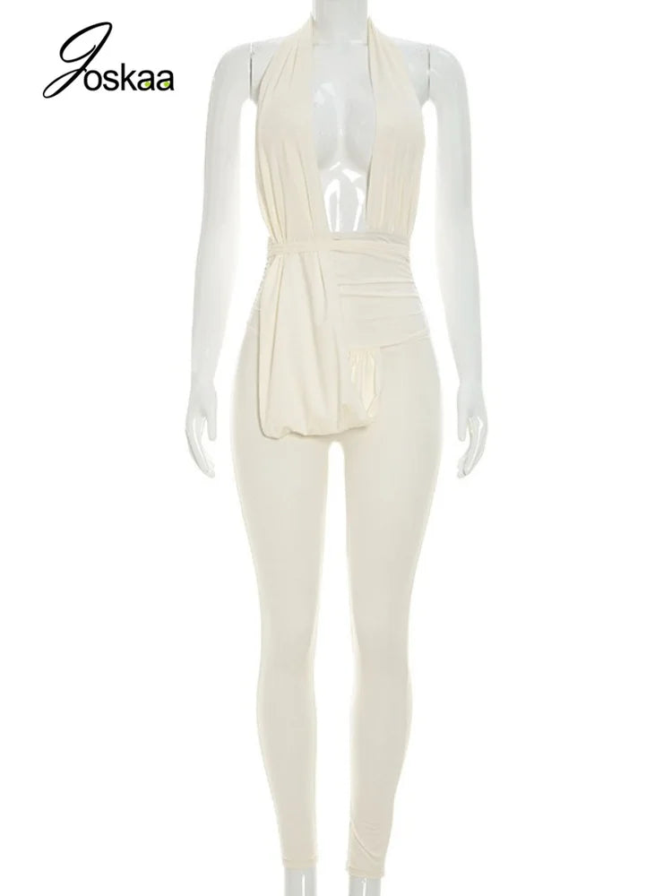 Women's Ruched Backless V-neck Halter Romper - Back View