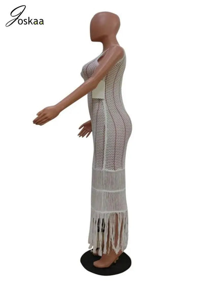 Women's Stripe Knit Sleeveless Maxi Dress White – Back View