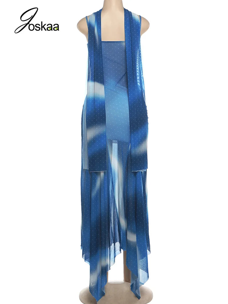 Women's Mesh Sleeveless Bodycon Maxi Dress Blue – Detail View
