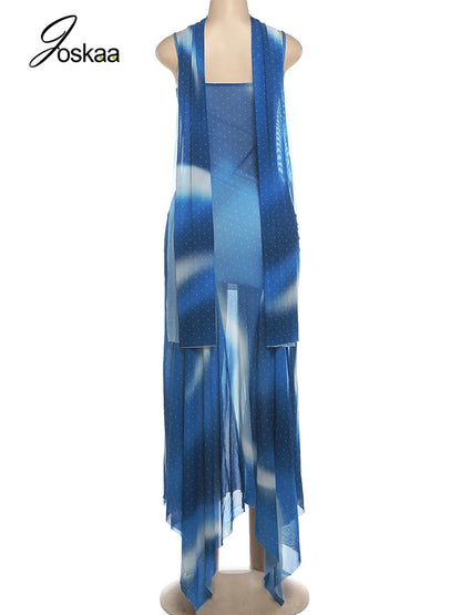 Women's Mesh Sleeveless Bodycon Maxi Dress Blue – Detail View