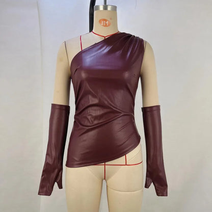 Women's Faux Leather Skew Collar Irregular Two Piece Set