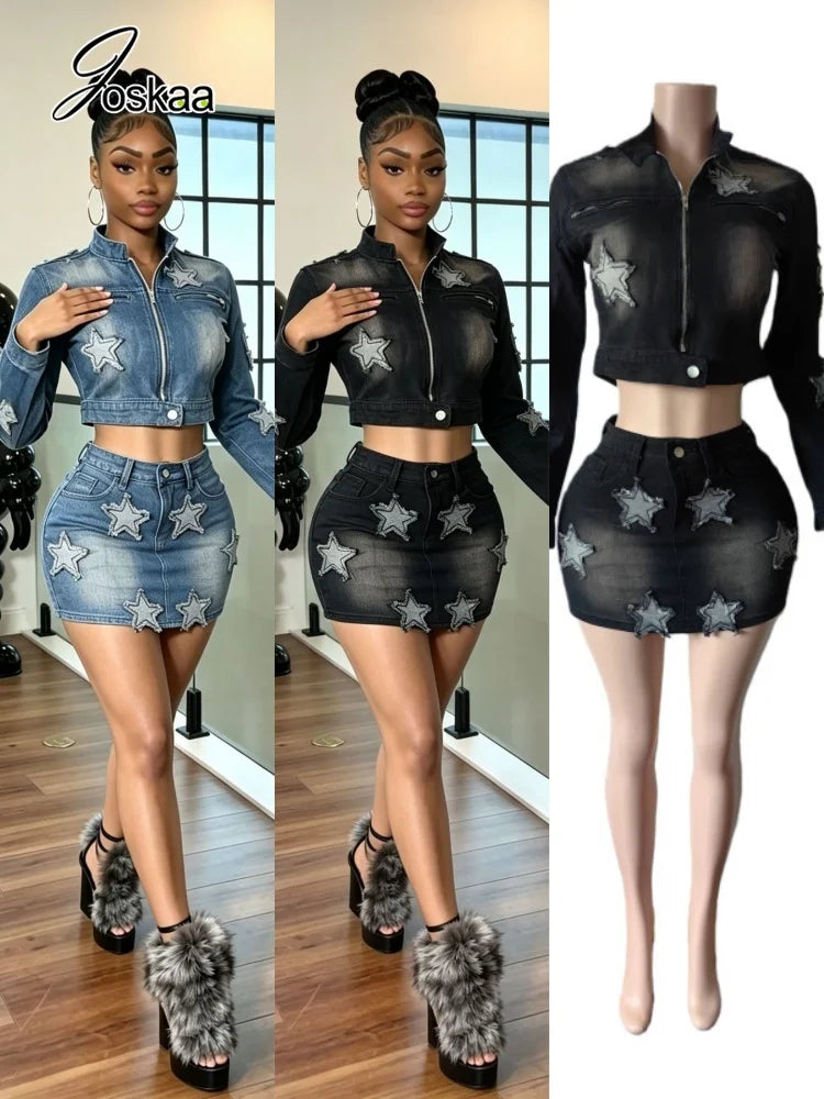 Women's Denim Print Zip Up Long Sleeve High Waist Two Piece Set - Women's Fashion Wholesale - Front View