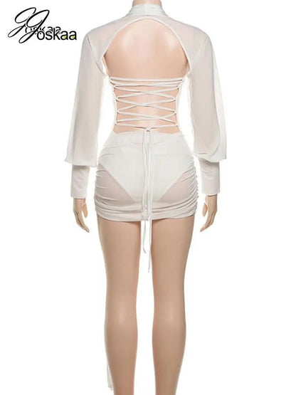 Women's Backless Long Sleeve Bodycon Two Piece Set White – Detail View