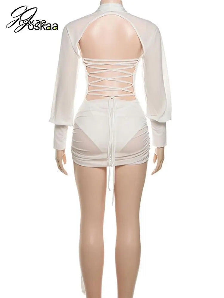 Women's Backless Long Sleeve Bodycon Two Piece Set White – Detail View