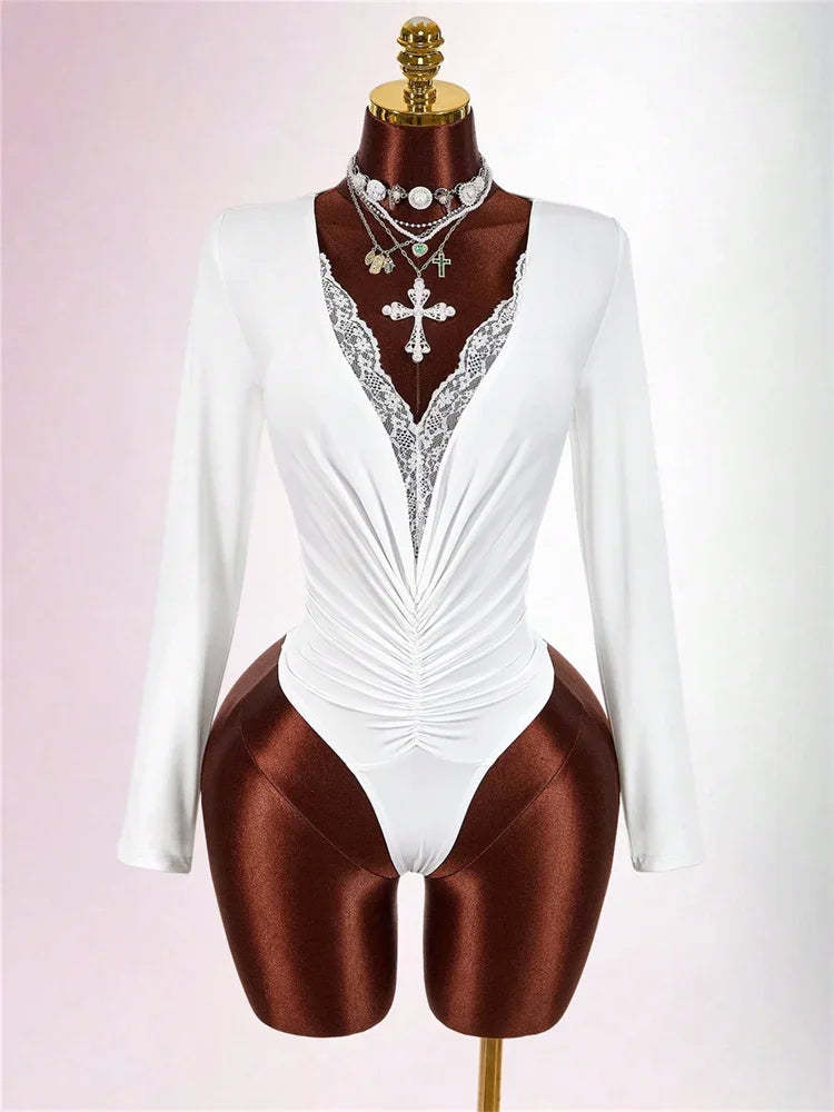 Joskaa Lace Ruched Long Sleeve Bodycon Romper - romper image 6