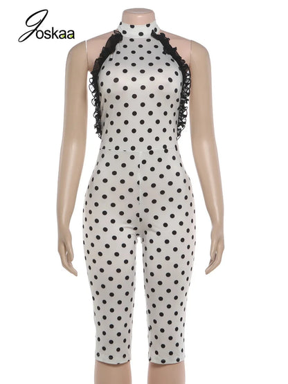 Women's Polka Dot Mesh Backless Halter Romper White – Back View