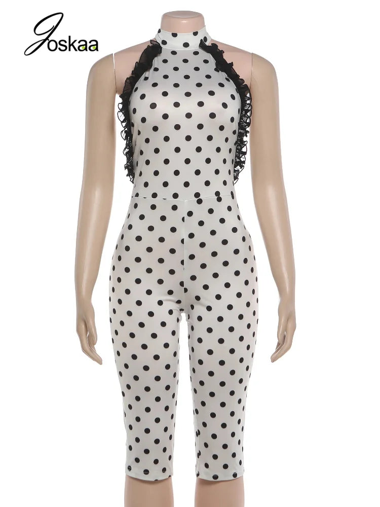 Women's Polka Dot Mesh Backless Halter Romper White – Back View
